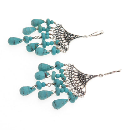 SX Sally C 925 Sterling Silver Vintage Real Turquoise Chandelier Dangle Earrings