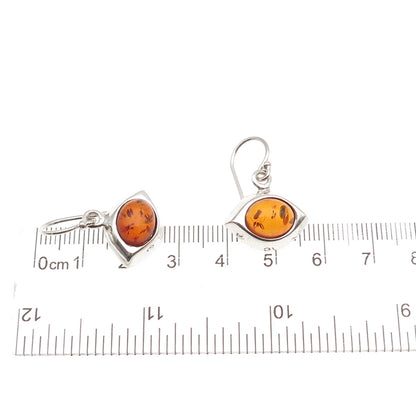 925 Sterling Silver Vintage Real Amber Modernist Evil's Eye Dangle Earrings