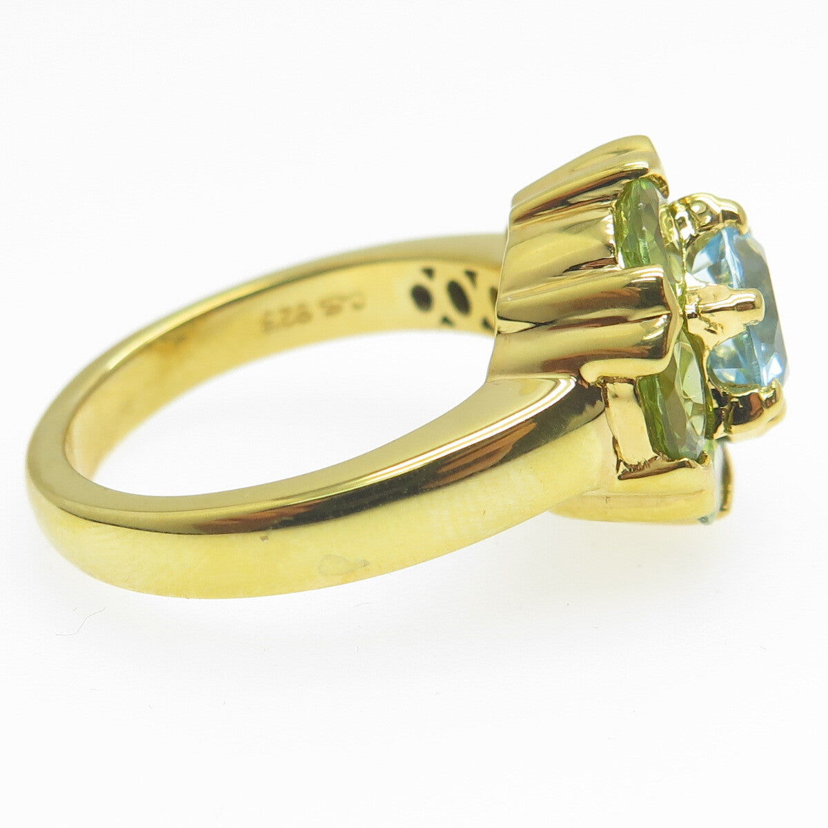 925 Sterling Silver Gold Plated Real Peridot & Blue Topaz Ring Size 10.25
