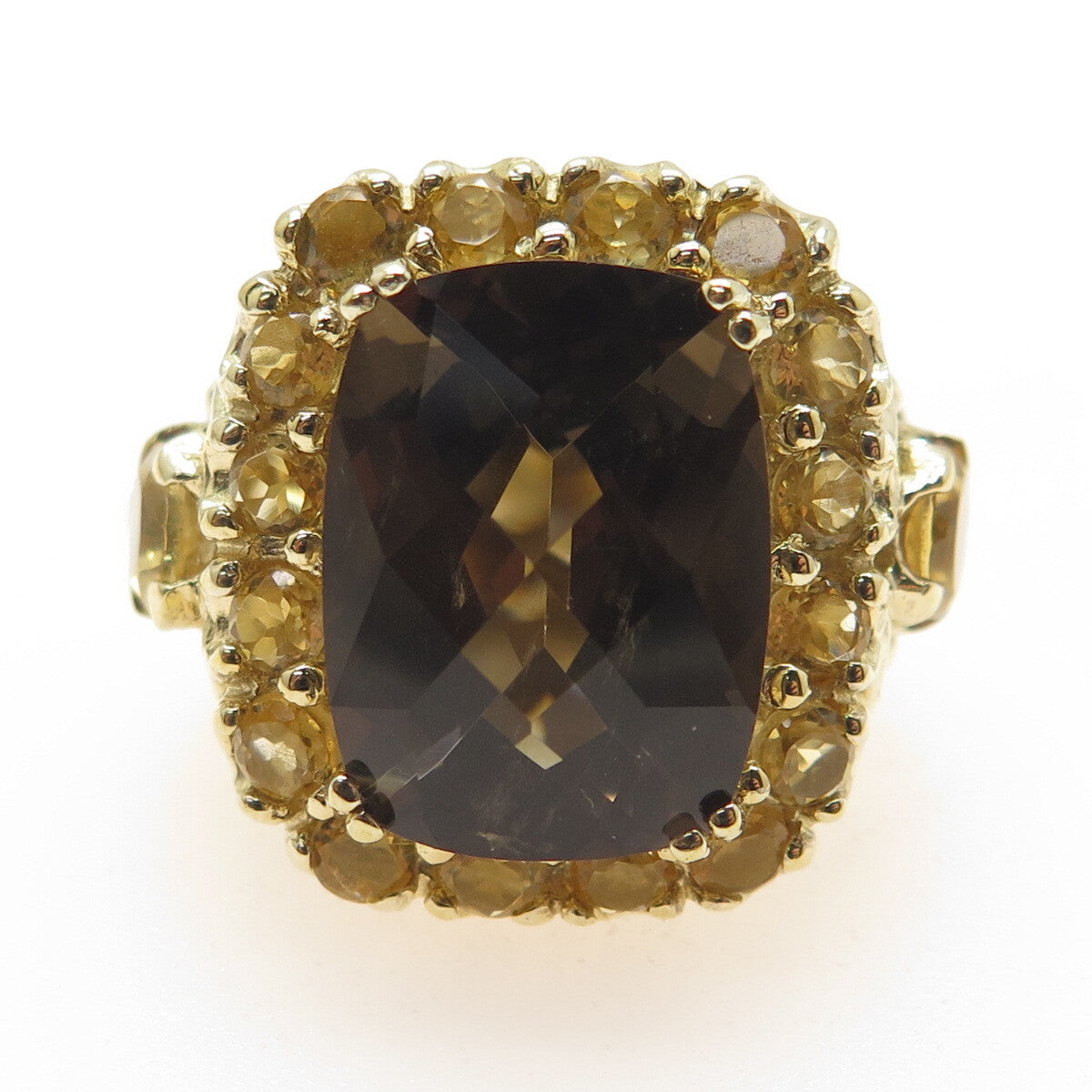 925 Sterling Silver Gold Plated Real Smoky Quartz & Citrine Ring Size 7