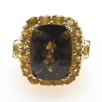 925 Sterling Silver Gold Plated Real Smoky Quartz & Citrine Ring Size 7