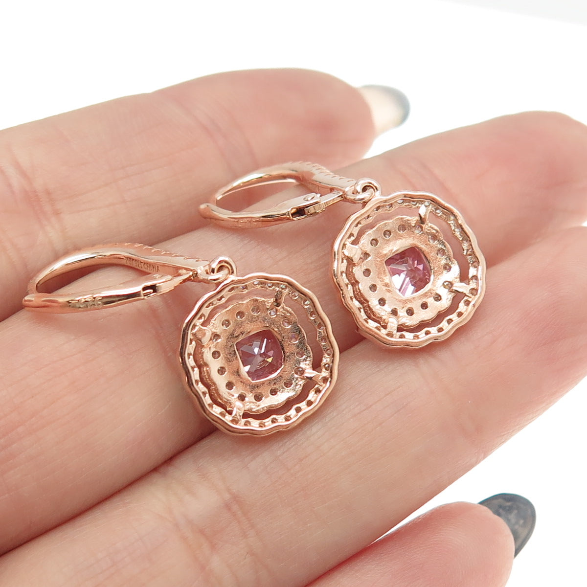 925 Sterling Silver Rose Gold Plated Round & Cushion-Cut White Pink C Z Earrings