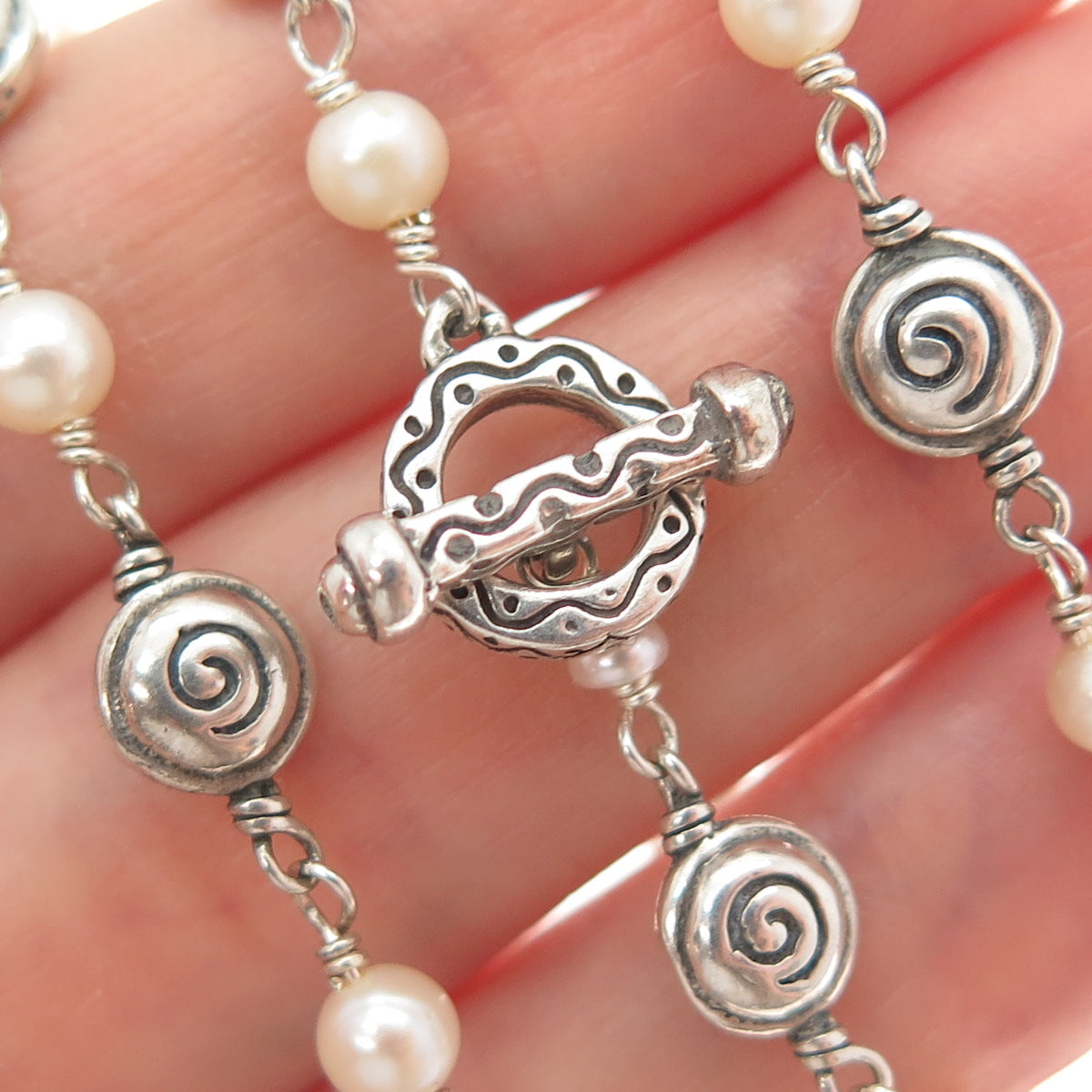 925 Sterling Silver Vintage Real Pearl Spiral Beaded Chain Necklace 16"