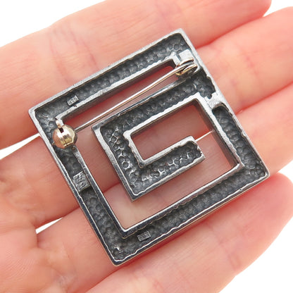 925 Sterling Silver Vintage Modernist Spiral Square Oxidized Pin Brooch