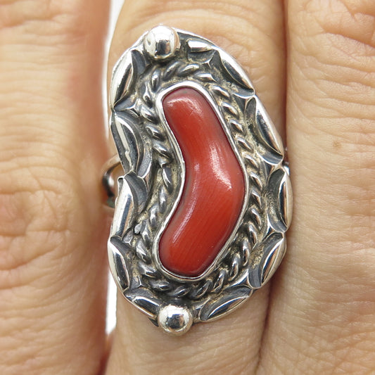 Old Pawn 925 Sterling Silver Vintage Southwestern Coral Tribal Ring Size 6.5