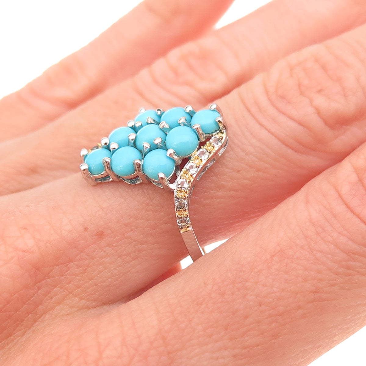 925 Sterling 2-Tone Real Sleeping Beauty Turquoise & White Topaz Ring Size 7.25