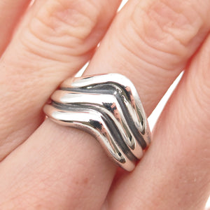 925 Sterling Silver Vintage Modernist Ribbed Wave Oxidized Ring Size 8