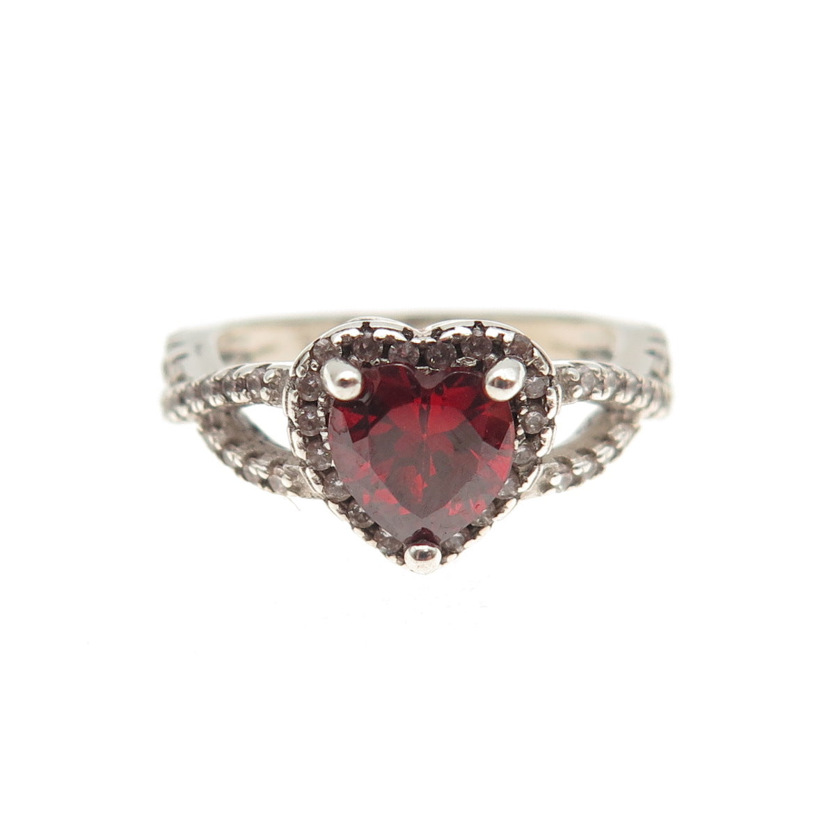925 Sterling Silver Real Heart-Cut Red Garnet & Round-Cut C Z Ring Size 3.75