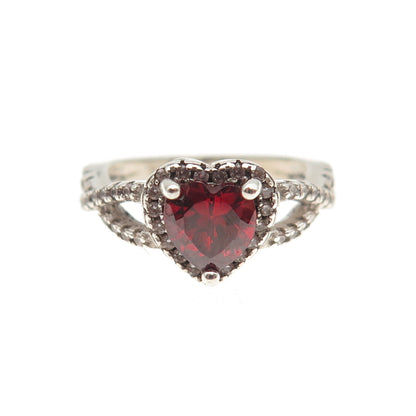 925 Sterling Silver Real Heart-Cut Red Garnet & Round-Cut C Z Ring Size 3.75