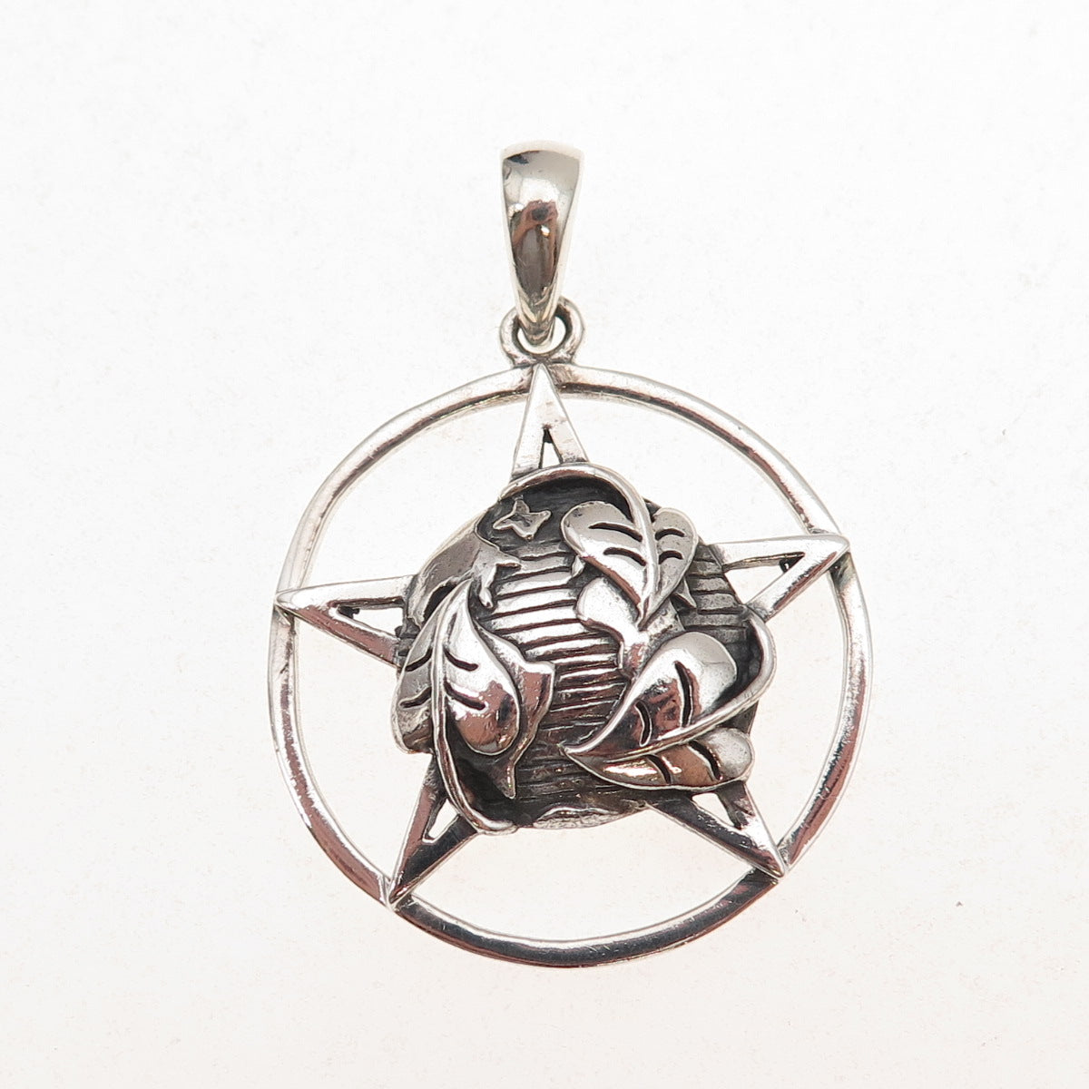 925 Sterling Silver Vintage Pentagram Floral Globe Oxidized Pendant