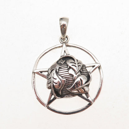 925 Sterling Silver Vintage Pentagram Floral Globe Oxidized Pendant