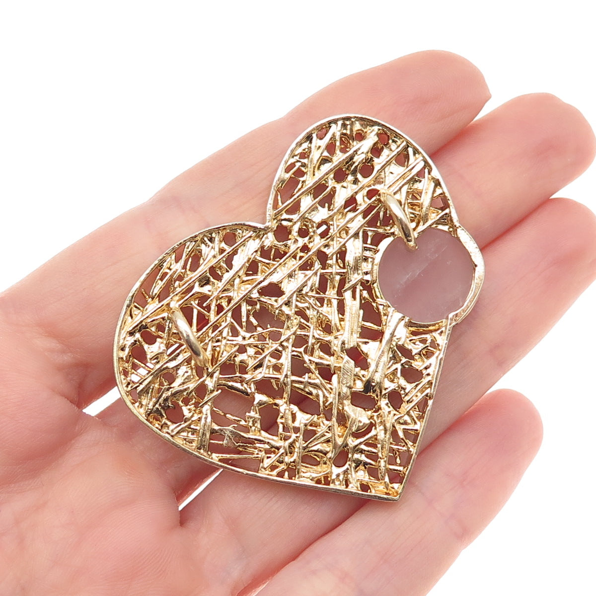 925 Sterling Silver Gold Plated Real Rose Quartz Modernist Heart Slide Pendant