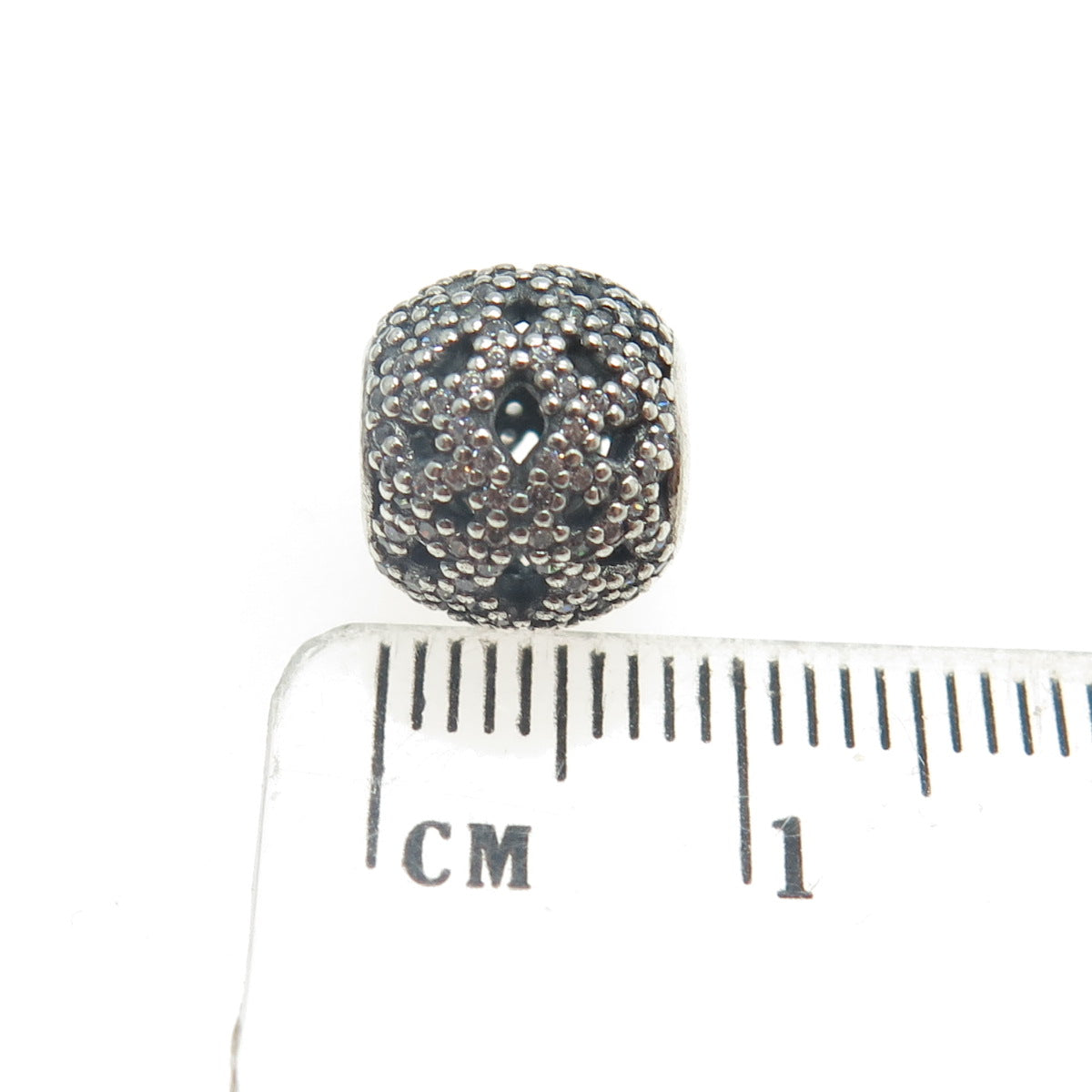 PANDORA 925 Sterling Silver Round-Cut C Z Shimmering Lace Bead Charm