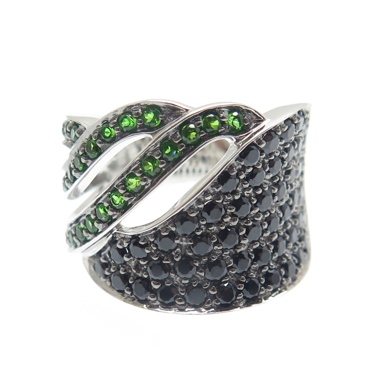 DSMK 925 Sterling Silver Chrome Diopside & Black Spinel Gem Wide Ring Size 6.25