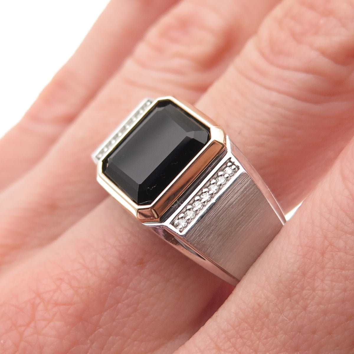 925 Sterling Silver 10K Gold Real Diamond & Black Onyx Ring Size 10.25