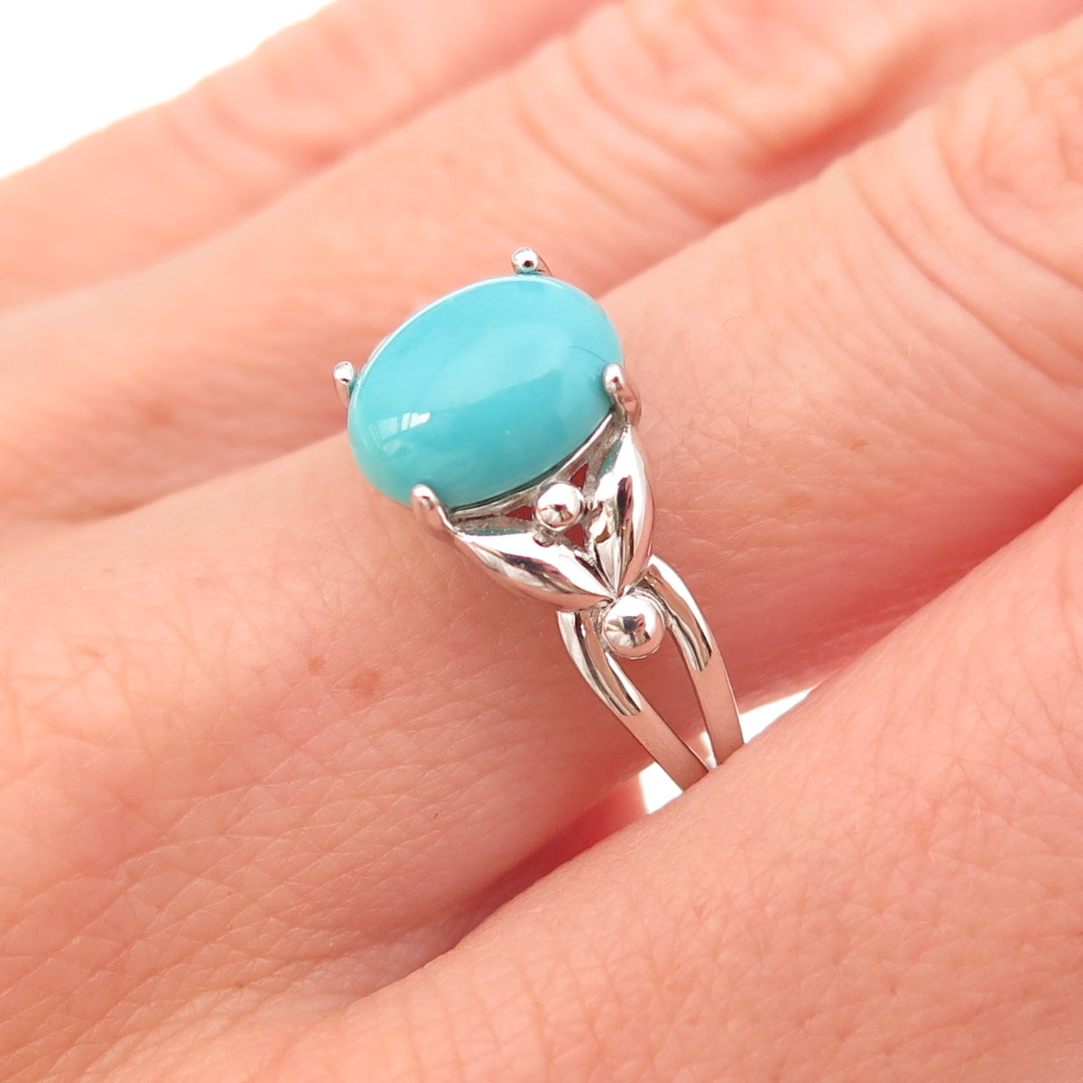925 Sterling Silver Real Sleeping Beauty Turquoise Floral Ring Size 8