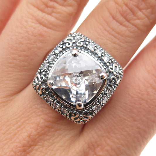 925 Sterling Vintage Cushion & Round-Cut C Z Swirl Oxidized Ring Size 8.25