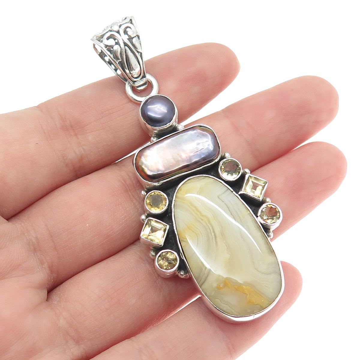 925 Sterling Silver Vintage Tahitian Pearl Picture Agate & Citrine Gem Pendant