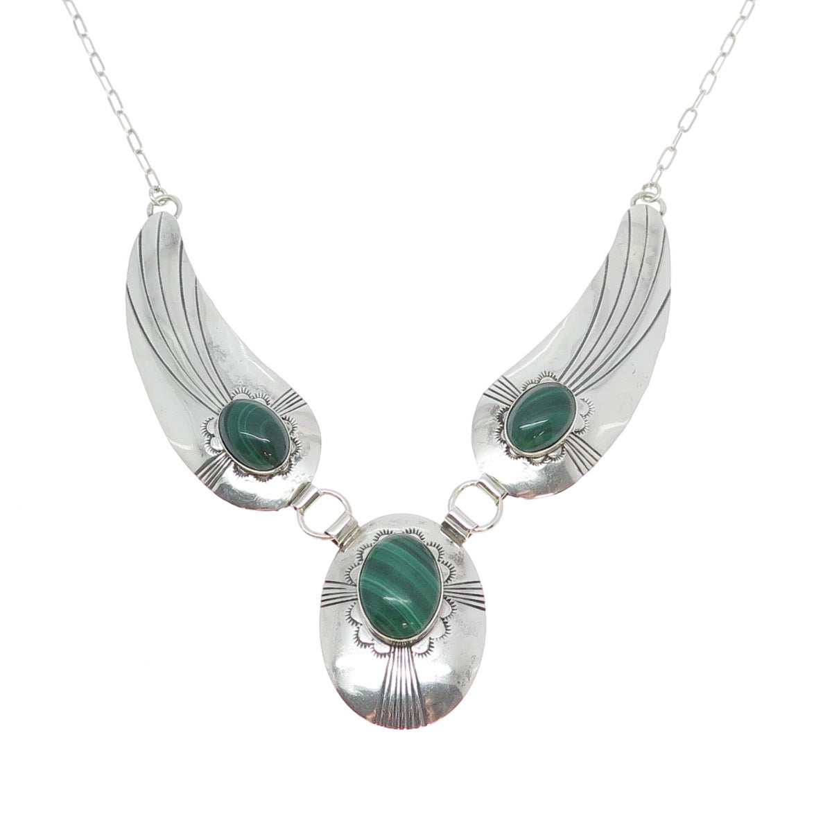 Old Pawn 925 Sterling Silver Vintage Southwestern Malachite Chain Necklace 16"