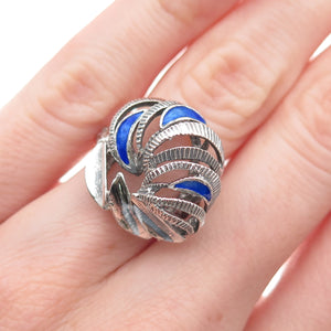 925 Sterling Silver Vintage Enamel Modernist Oxidized Adjustable Ring Size 5.75