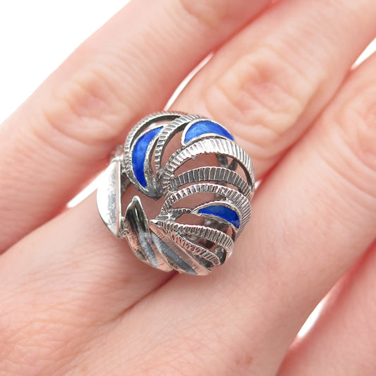 925 Sterling Silver Vintage Enamel Modernist Oxidized Adjustable Ring Size 5.75
