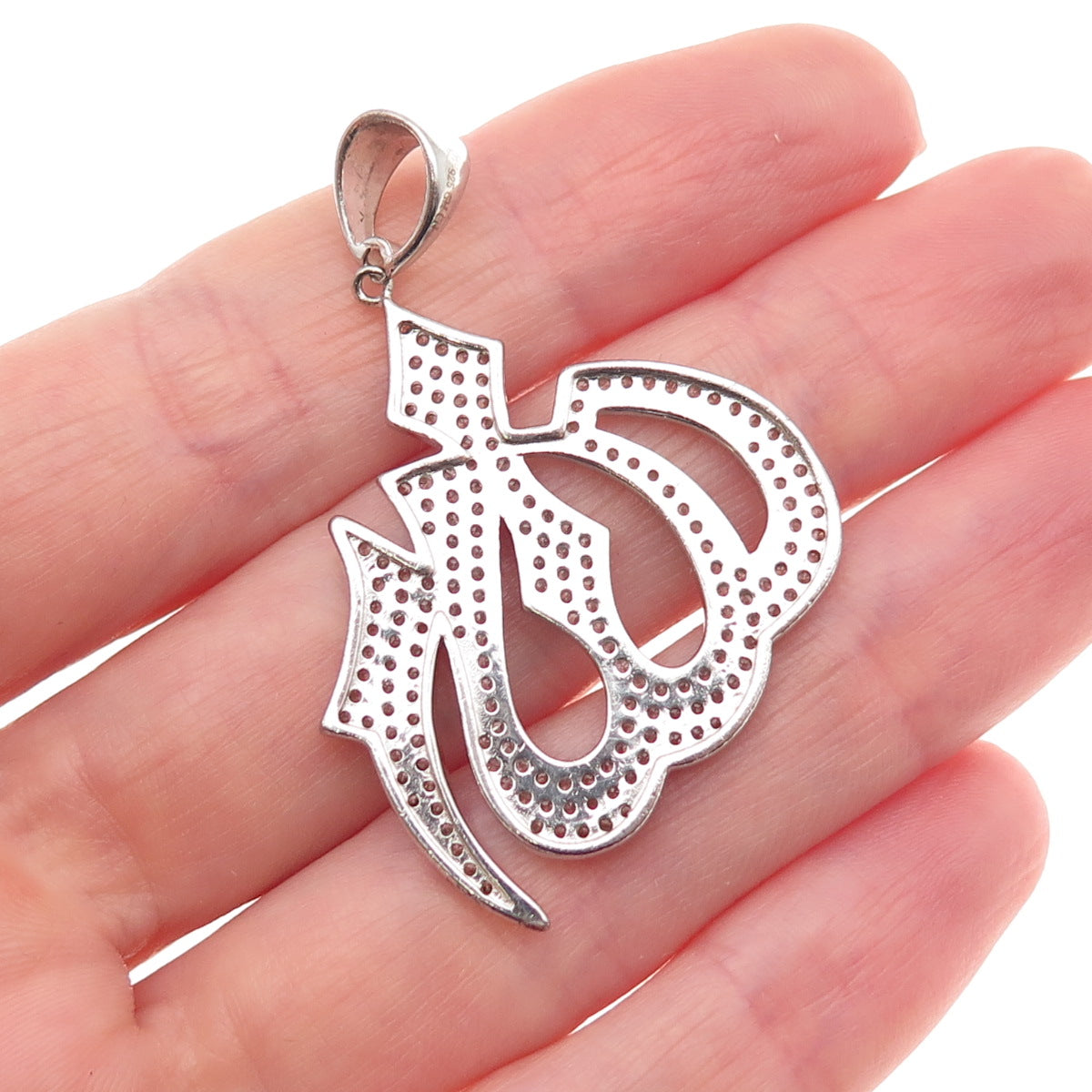925 Sterling Silver Round-Cut C Z Allah Islamic Charm Pendant