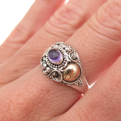 925 Sterling Silver 2-Tone Vintage Real Amethyst Oxidized Ring Size 6.75