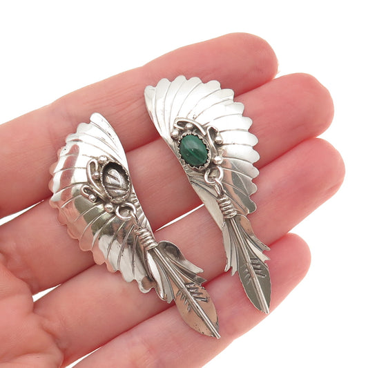 Old Pawn 925 Sterling Silver Vintage Malachite Feather Earrings (missing stone)