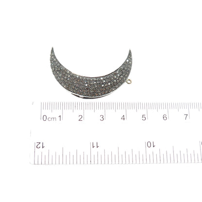 925 Sterling Silver Real Round-Cut Diamond Crescent Moon Oxidized Pendant