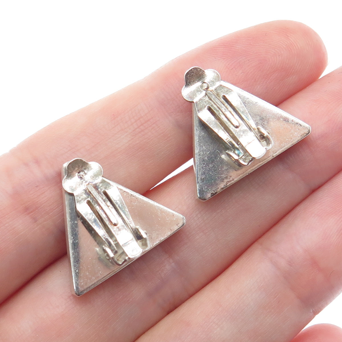 925 Sterling Silver Vintage Poland Modernist Triangle Clip On Earrings