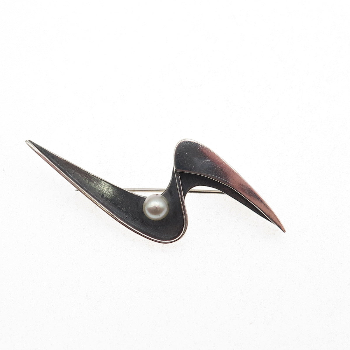 Phyllis Sklar Sterling Silver Vintage Real Pearl Modernist Oxidized Pin Brooch