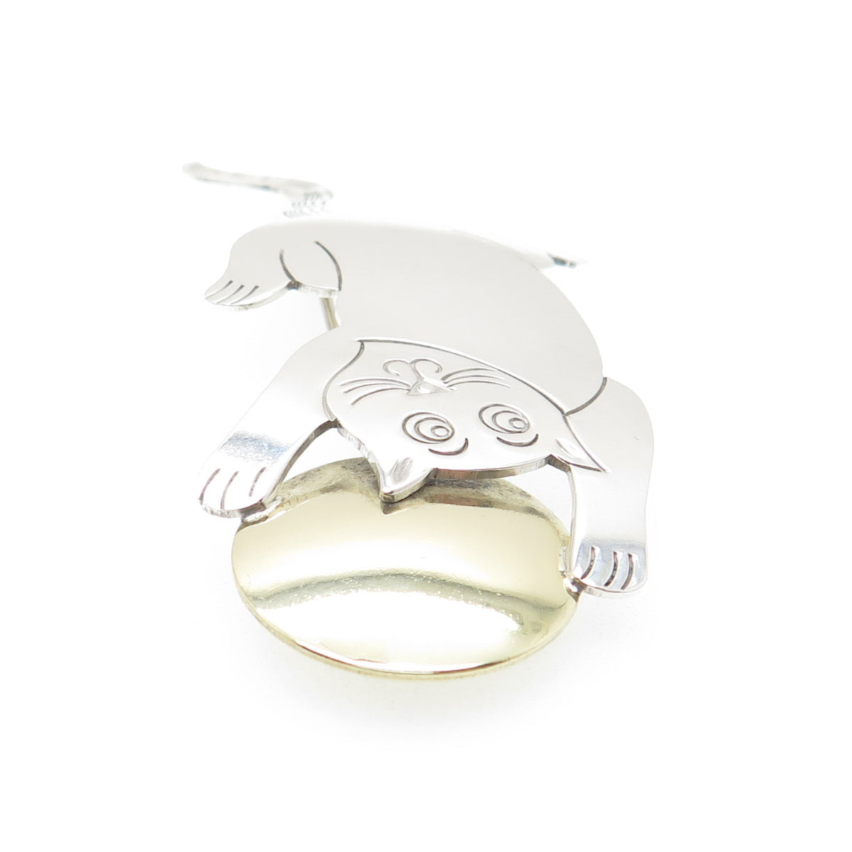 925 Sterling Silver 2-Tone Vintage Mexico Modernist Cat & Ball Pin Brooch