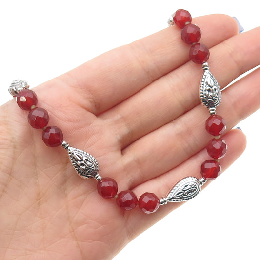 925 Sterling Silver Vintage Real Carnelian Floral Beaded Chain Necklace 18-20"
