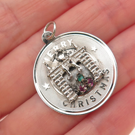 925 Sterling Silver Vintage Rhinestone Merry Christmas Fireplace Charm Pendant