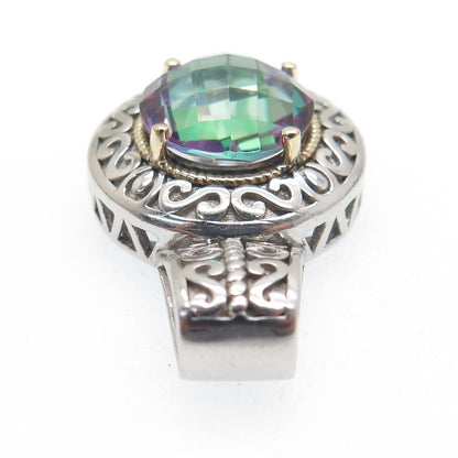 925 Sterling Silver & 14K Gold Real Round-Cut Mystic Topaz Ornate Pendant