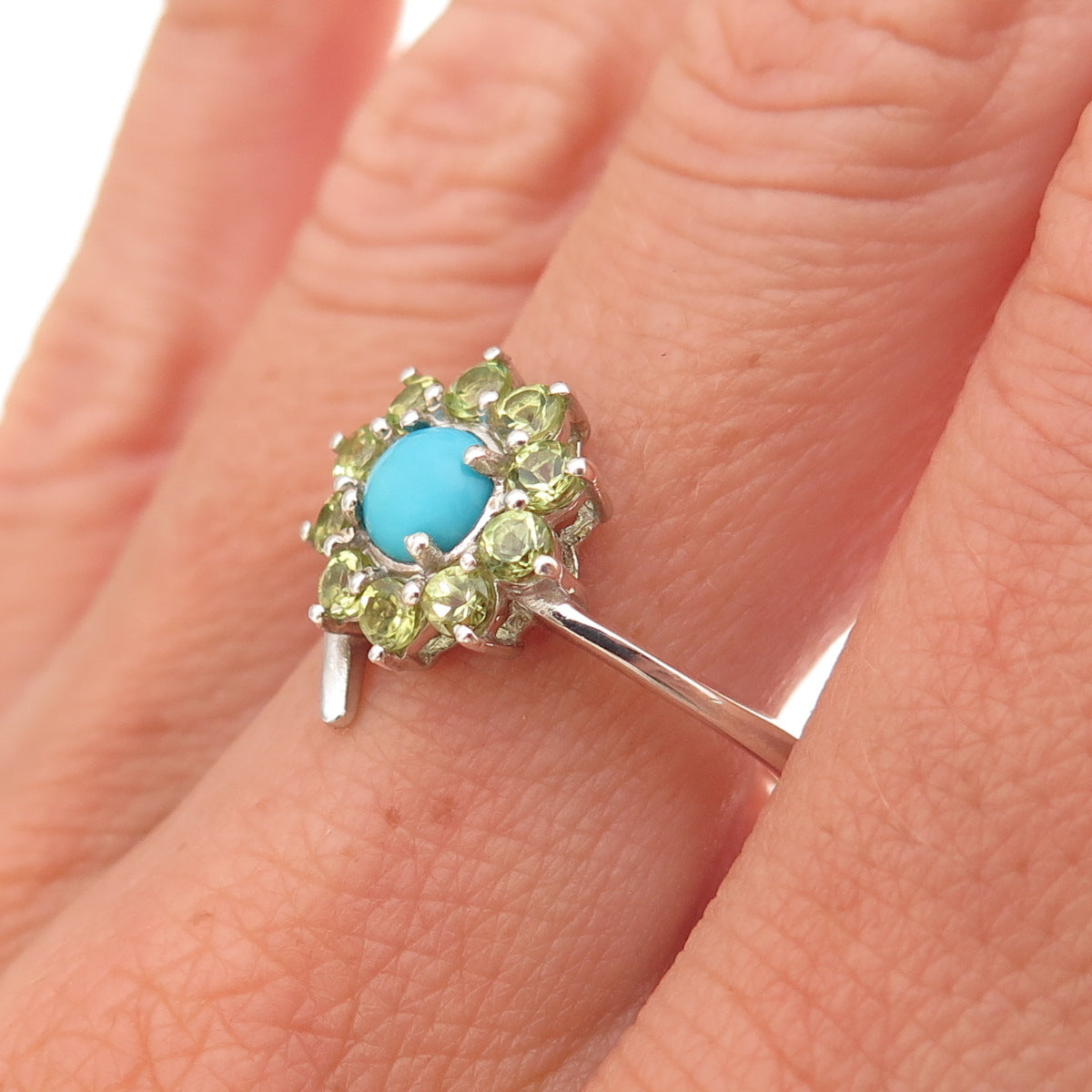 Chuck Clemency 925 Sterling Silver Real Turquoise Peridot Floral Ring Size 8.25