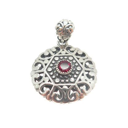 BERIA 925 Sterling Silver Round-Cut Red Rhinestone Ornate Pendant