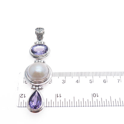 CHAPAL ZENRAY 925 Sterling Silver Vintage Real Amethyst & Pearl Oxidized Pendant