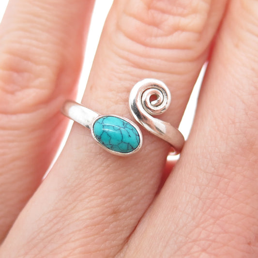 925 Sterling Silver Vintage Real Turquoise Spiral Adjustable Ring Size 5.75
