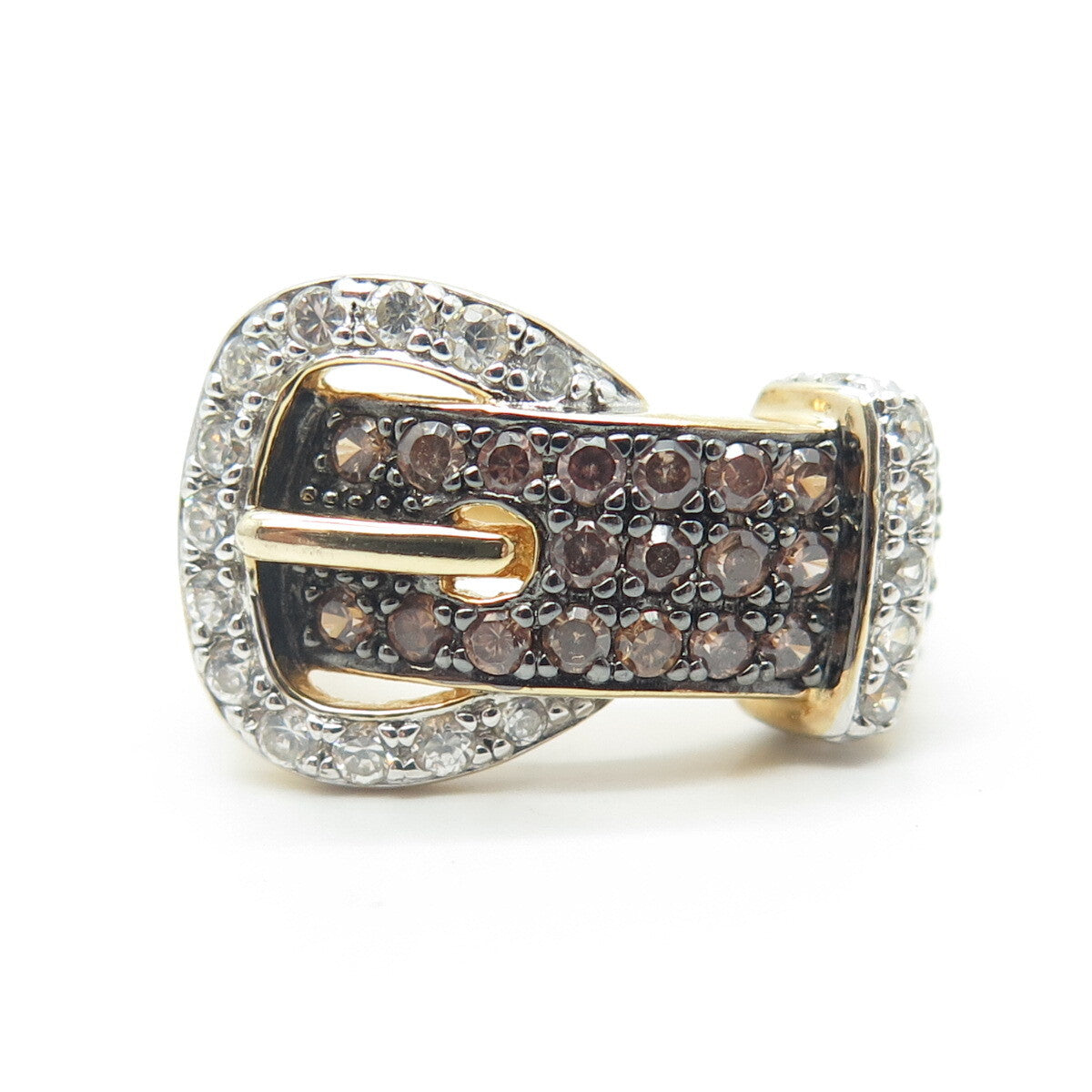 925 Sterling Silver Gold Plated Real Smoky Quartz & C Z Belt Ring Size 6.25