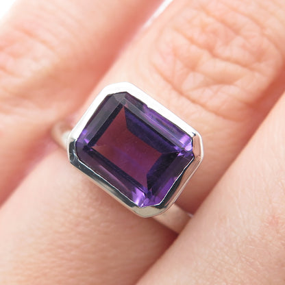 925 Sterling Silver Real Emerald-Cut Amethyst Gemstone Ring Size 6