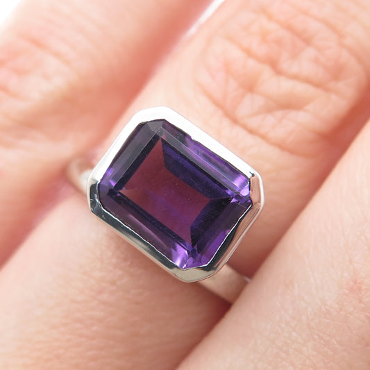 925 Sterling Silver Real Emerald-Cut Amethyst Gemstone Ring Size 6