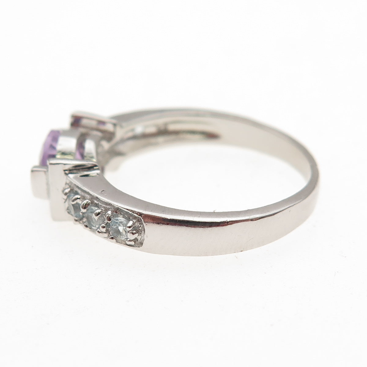 925 Sterling Silver Real Round-Cut Amethyst & Blue Topaz Ring Size 7.25