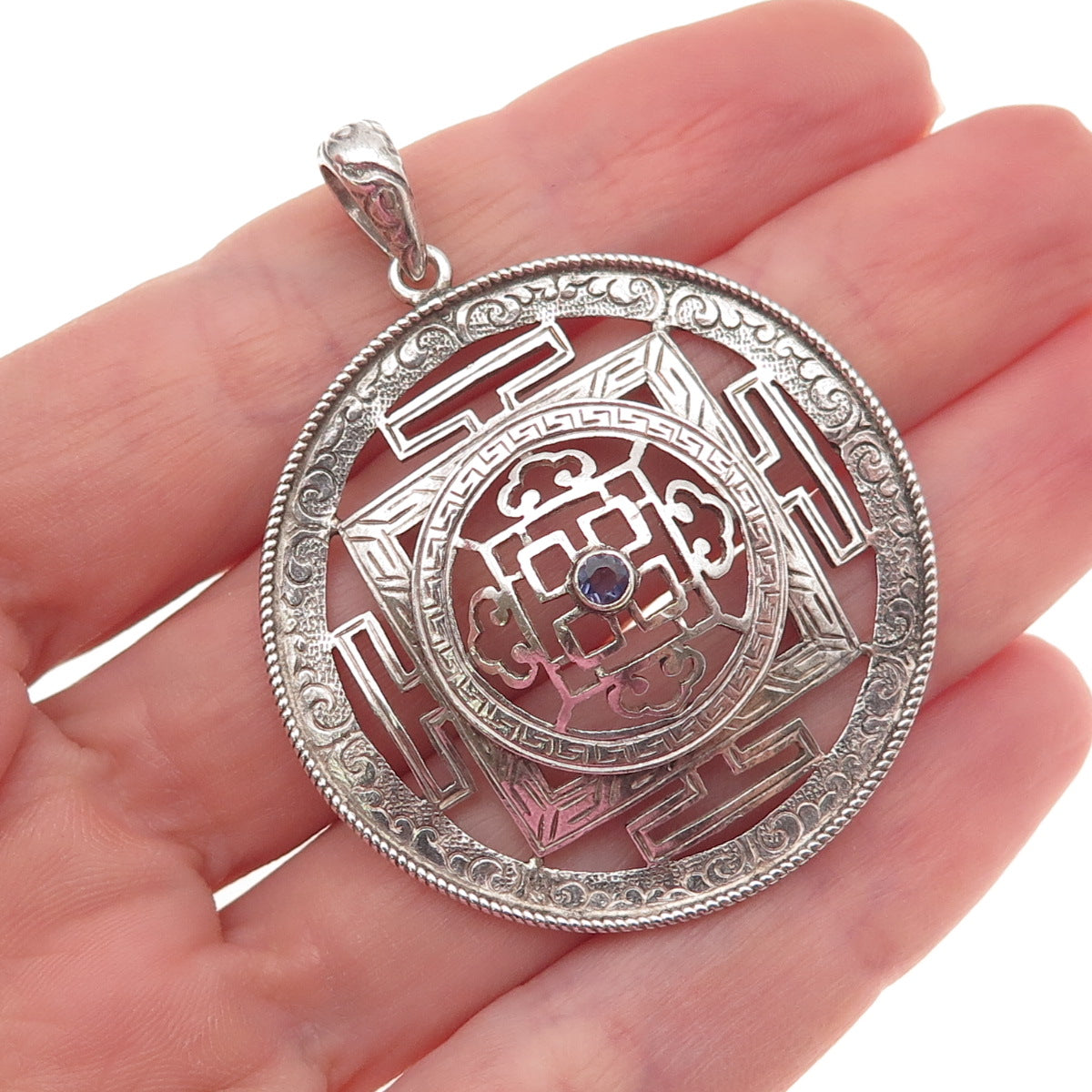 925 Sterling Silver Vintage Nepal Real Iolite Tibetan Mandala Oxidized Pendant