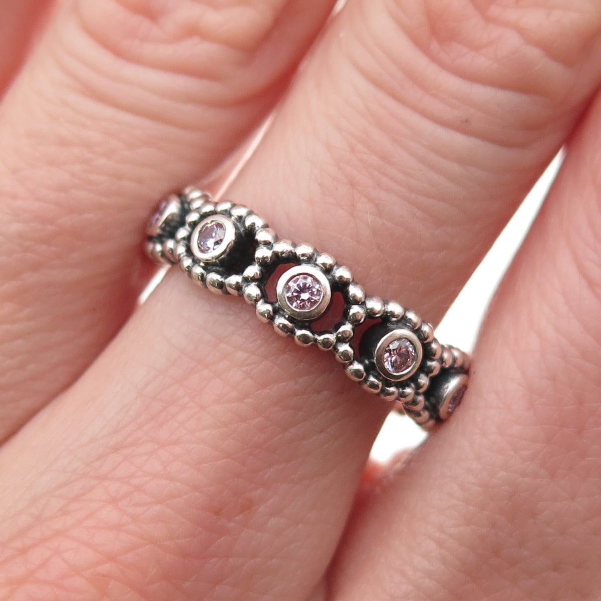 Pandora 925 Sterling Silver Round-Cut Pink C Z Her Majesty Band Ring Size 9