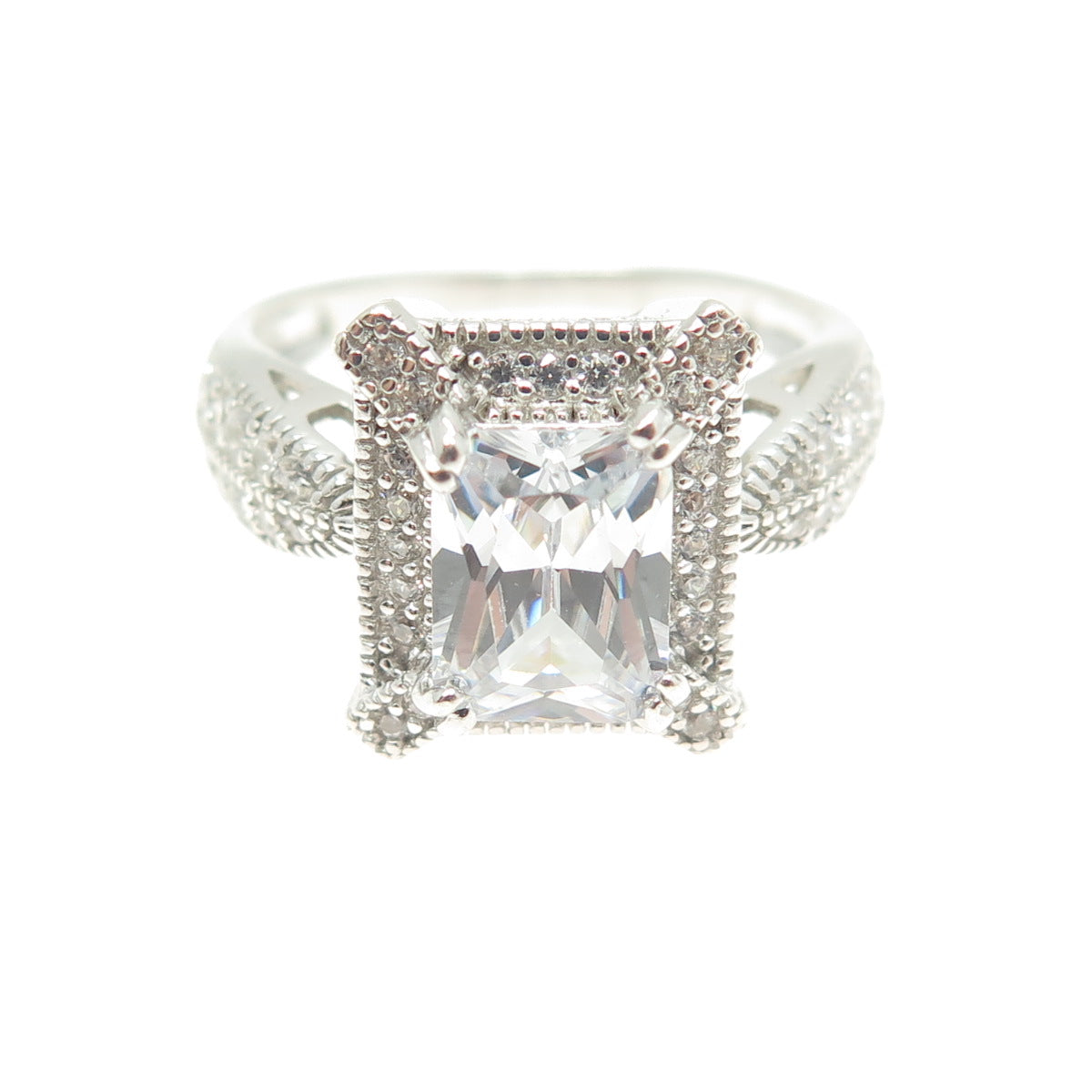 925 Sterling Silver Radiant-Cut C Z Engagement Ring Size 7.25