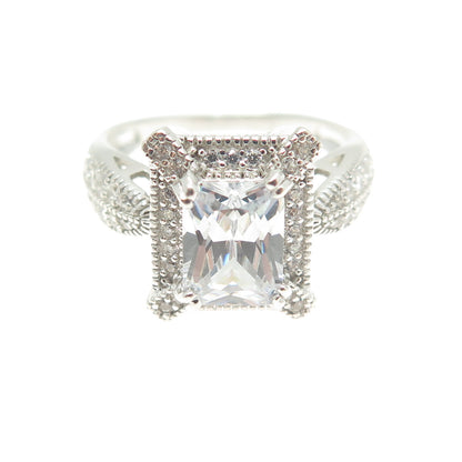 925 Sterling Silver Radiant-Cut C Z Engagement Ring Size 7.25