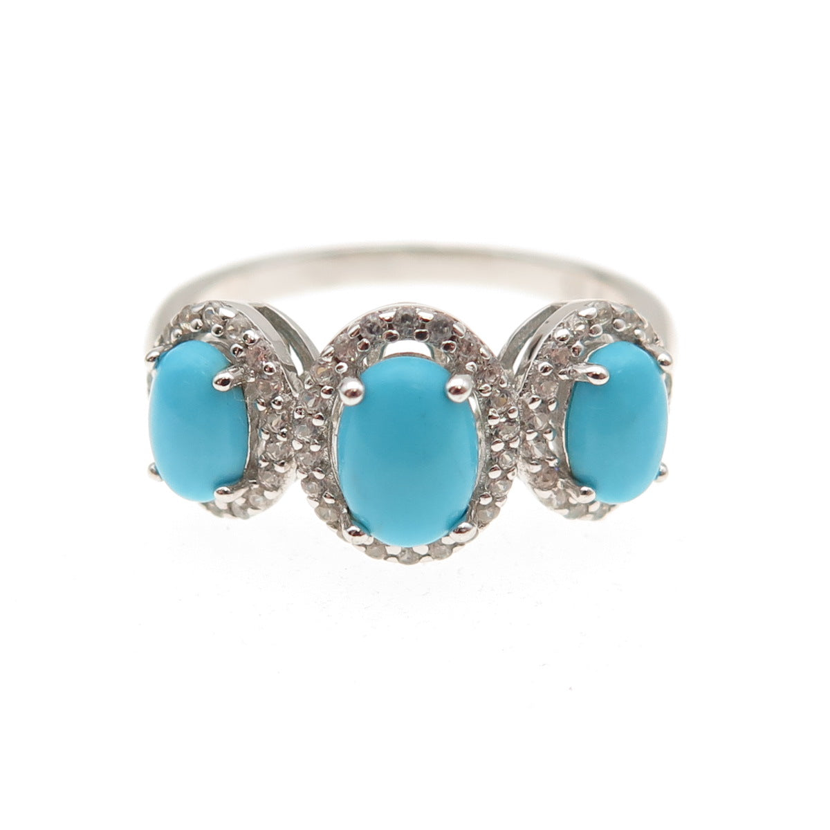925 Sterling Silver Real Sleeping Beauty Turquoise & White Topaz Ring Size 8