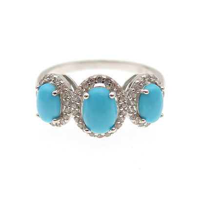 925 Sterling Silver Real Sleeping Beauty Turquoise & White Topaz Ring Size 8