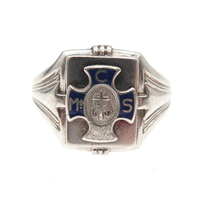 SK&F 925 Sterling Silver Antique Art Deco Enamel Catholic School Ring Size 10